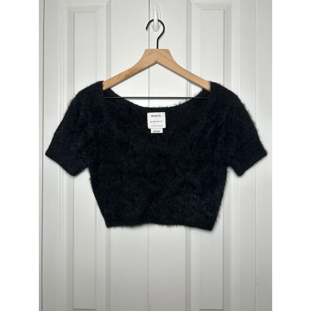 RVCA Black Murray Crop Sweater Fuzzy Scoop Neck Short Sleeve Size M